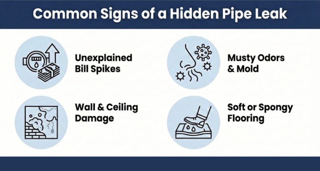 Infographic listing common pipe leak signs: unexplained bill spikes, musty odors and mold, wall and ceiling damage, and soft or spongy flooring—all indicators of a hidden pipe leak.