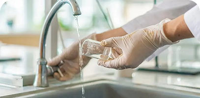 A person wearing latex gloves collects water from a faucet into a clear glass container over a sink.