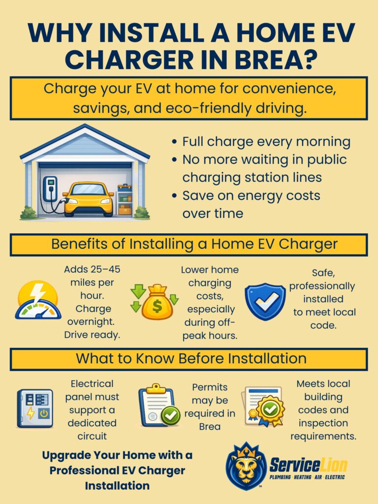 Infographic explaining the benefits and requirements of EV charger installations in Brea, highlighting cost savings, convenience, and key details for homeowners considering a home charging solution.
