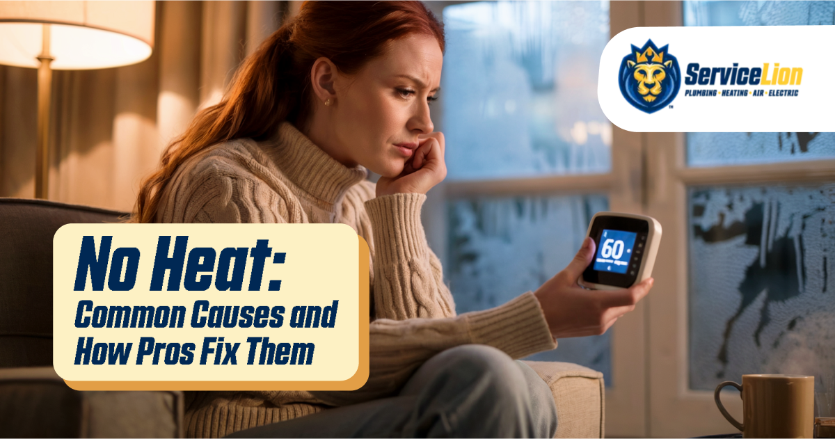 A woman sits indoors holding a digital thermostat reading 60 degrees, looking concerned; the ServiceLion heating and air company logo appears in the corner, highlighting issues like water heater not heating.