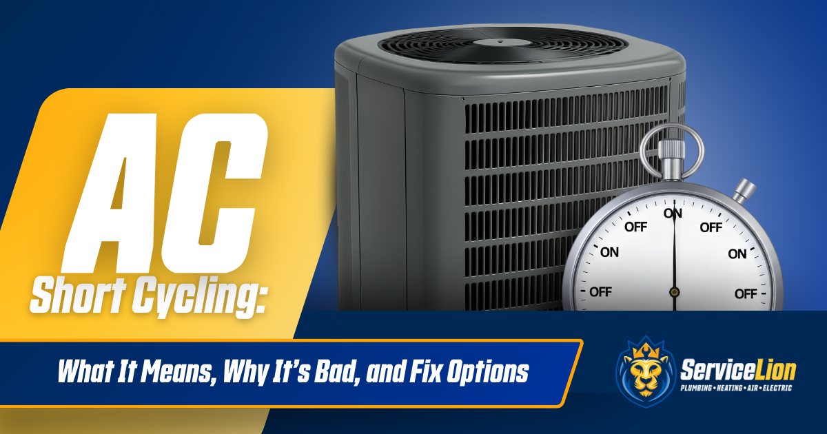 A central air conditioning unit next to a stopwatch, with text about AC short cycling and solutions, plus helpful tips for water heater repair. The ServiceLion logo appears in the bottom right corner.
