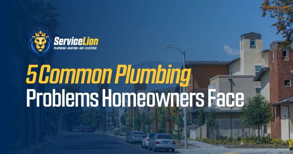 A street view of residential houses in Anaheim with cars parked along the curb, overlaid with the text "5 Common Plumbing Problems Homeowners Face" and Service Lion's logo.