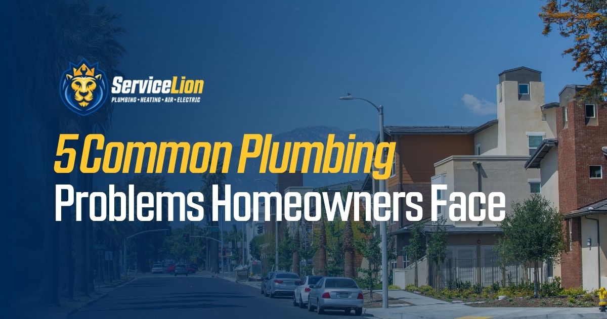 A street view of residential houses in Anaheim with cars parked along the curb, overlaid with the text "5 Common Plumbing Problems Homeowners Face" and Service Lion's logo.