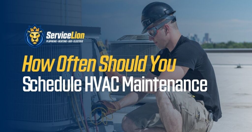 A technician wearing safety gear inspects an outdoor HVAC unit on a Newport Beach rooftop with the text: "How Often Should You Schedule HVAC Maintenance.