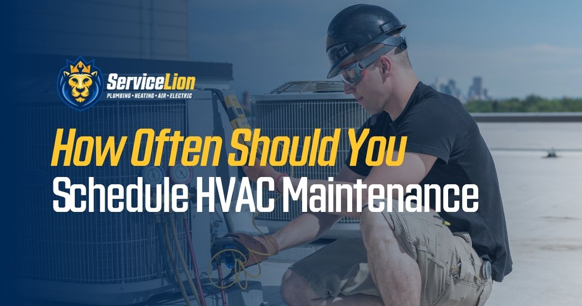 A technician wearing safety gear inspects an outdoor HVAC unit on a Newport Beach rooftop with the text: "How Often Should You Schedule HVAC Maintenance.