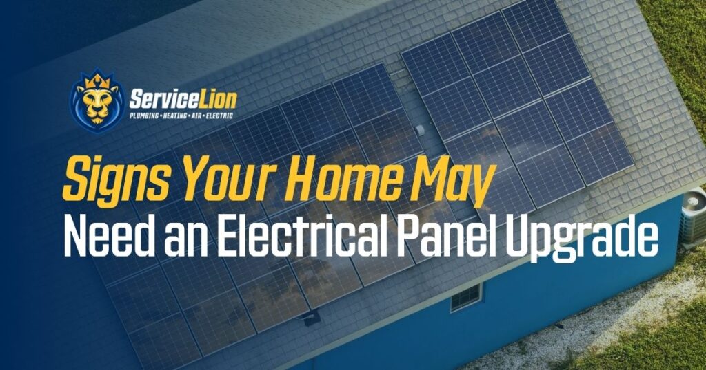 Aerial view of a house with solar panels on the roof and text reading "Signs Your Home May Need an Electrical Panel Upgrade" highlighting home electrical safety.