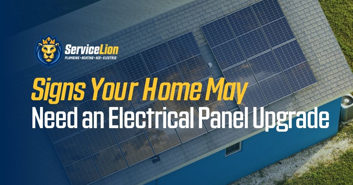 Aerial view of a house with solar panels on the roof and text reading "Signs Your Home May Need an Electrical Panel Upgrade" highlighting home electrical safety.