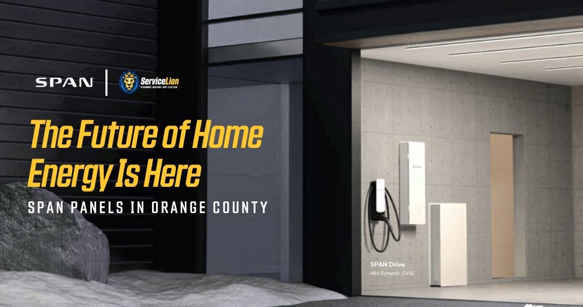 Modern home garage with SPAN Panels mounted on the wall; text reads "The Future of Home Energy Is Here. Upgrade to SPAN Panels in Orange County.