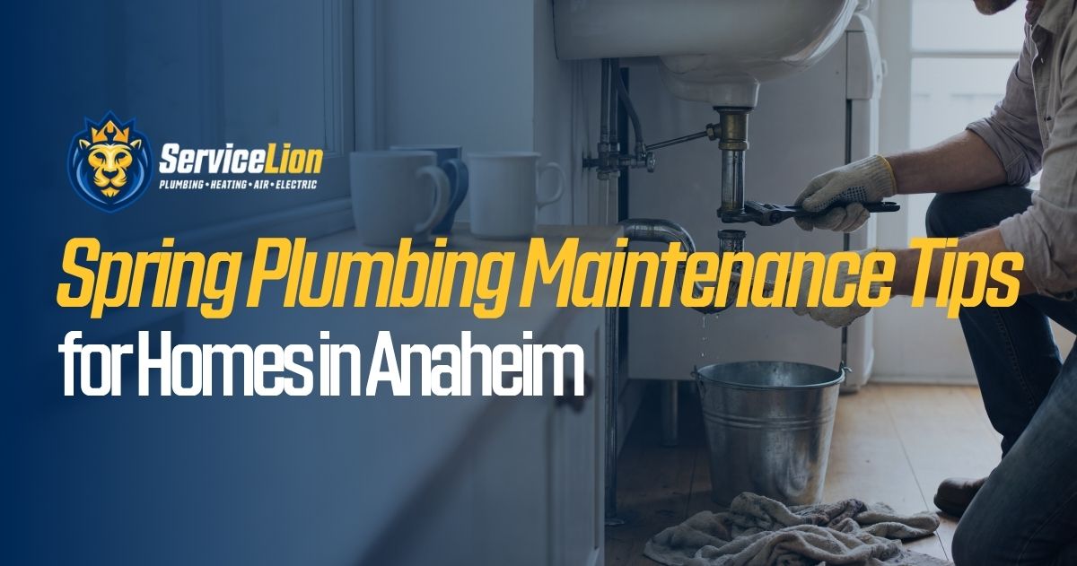 A plumber works under a sink while water drips into a bucket; text reads "Spring Plumbing Maintenance Tips for Anaheim Homes" from Service Lion.
