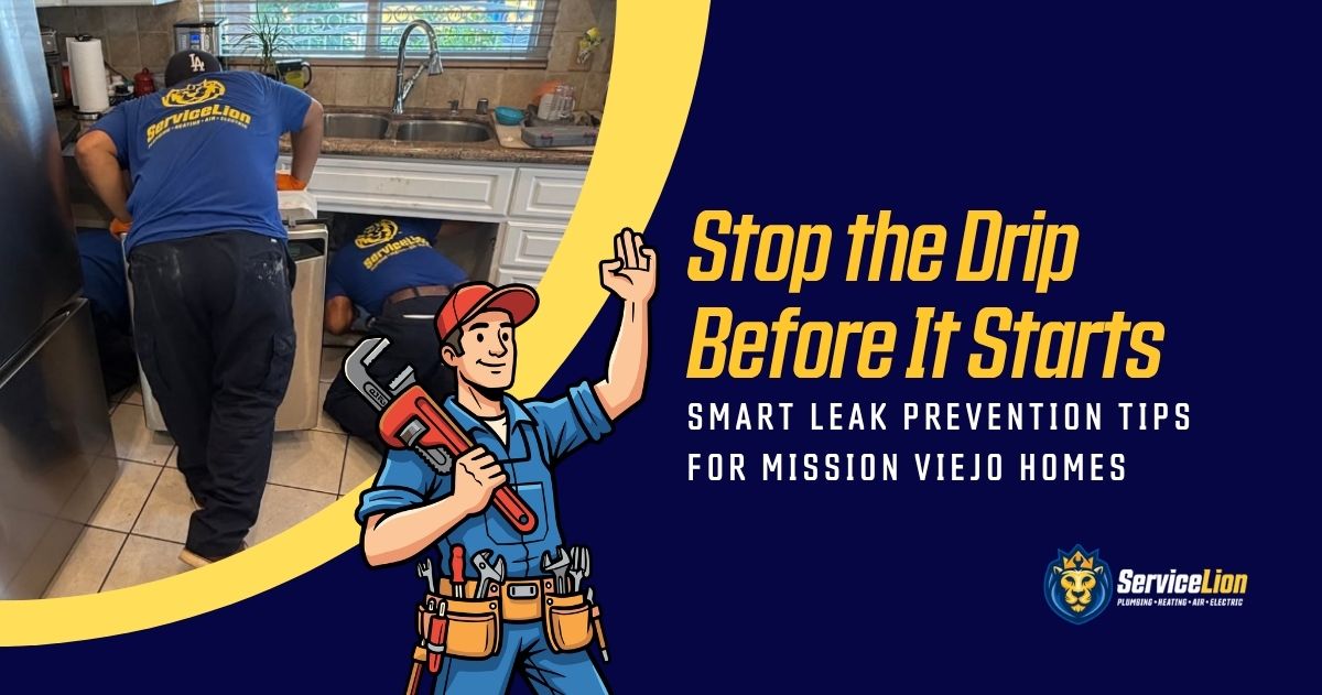 plumber inspecting pipes to prevent leaks in Mission Viejo home by Service Lion Plumbing Heating Air Electric