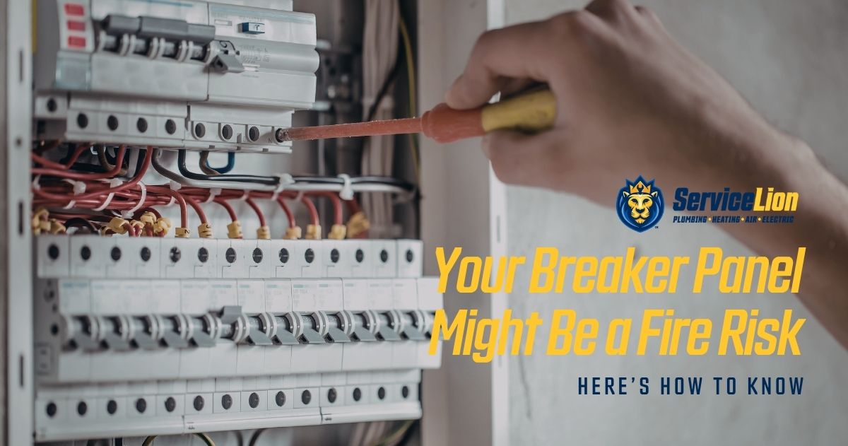 In Costa Mesa, a person uses a screwdriver to adjust a breaker panel; text warns that breaker panels might be a fire risk and offers information on how to know.