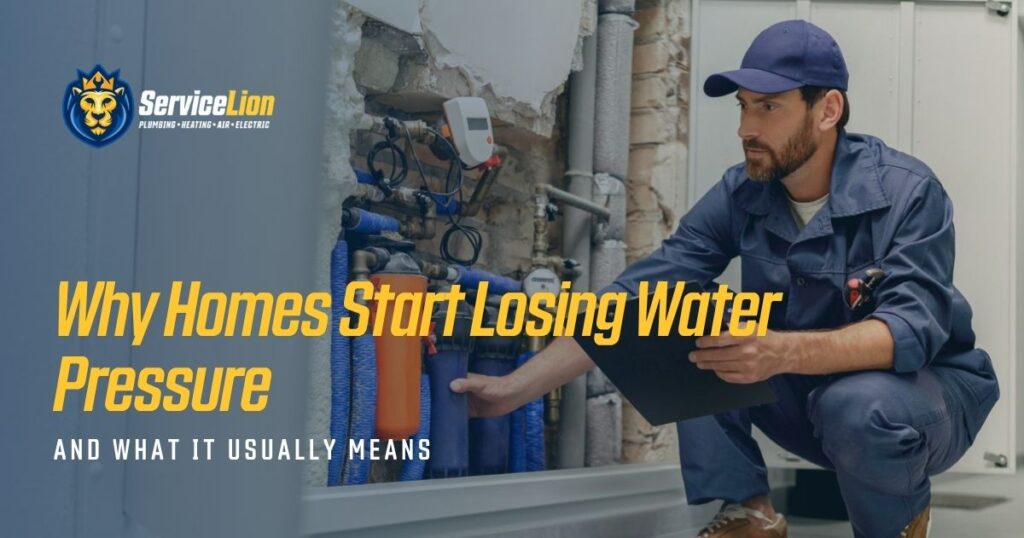 A plumber inspects pipes in a home, holding a clipboard, with the text "Why Homeowners in Orange & Yorba Linda Start Losing Water Pressure and What It Usually Means" and the Service Lion logo.