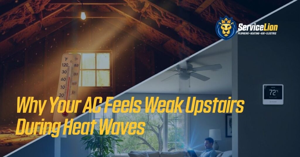Attic with sunlight and a high thermometer reading on the left; living room with a ceiling fan and thermostat set to 72°F on the right. Text: "Why Your AC Feels Weak Upstairs During Heat Waves. Call for AC repair in Yorba Linda or Orange County.