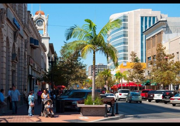 A city street scene in Orange County, CA, with cars parked along the curb, people walking on the sidewalk, palm trees, and modern and historic buildings in the background.