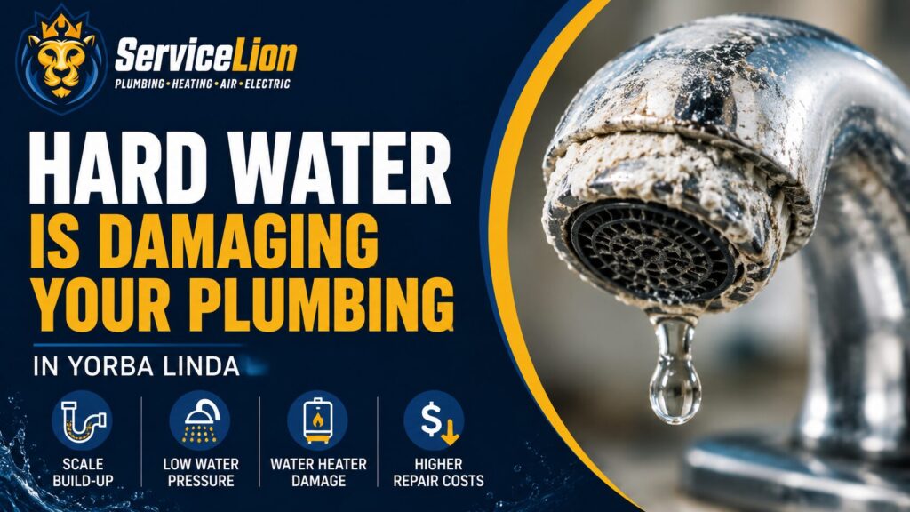 A dripping faucet with mineral buildup is shown next to a warning about hard water damaging plumbing in Yorba Linda, listing related issues and ServiceLion’s logo.
