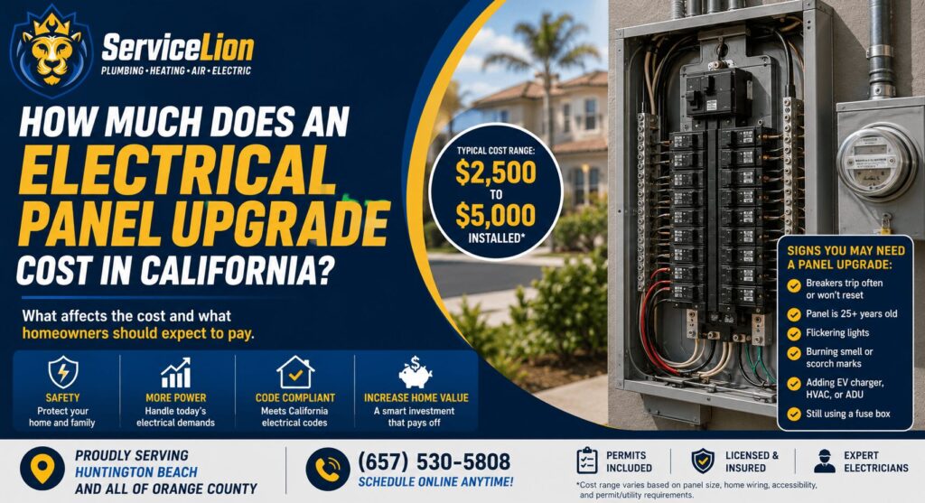 Infographic showing the cost of electrical panel upgrades in California, with price range, benefits, warning signs, and company contact information. An open electrical panel is pictured on the right.