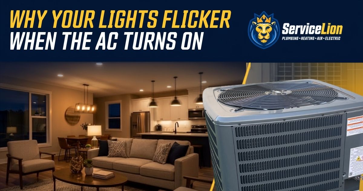 An air conditioning unit is shown in front of a living room with flickering lights. Text reads: "Why your lights flicker when the AC turns on—learn how electrical problems could be to blame. ServiceLion Plumbing Heating Air Electric.