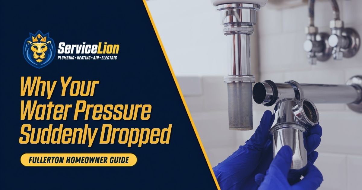 A person wearing gloves inspects a metal pipe under a sink next to text about water pressure issues from a plumbing service, while also checking for possible electrical issues like lights flicker when the AC turns on.