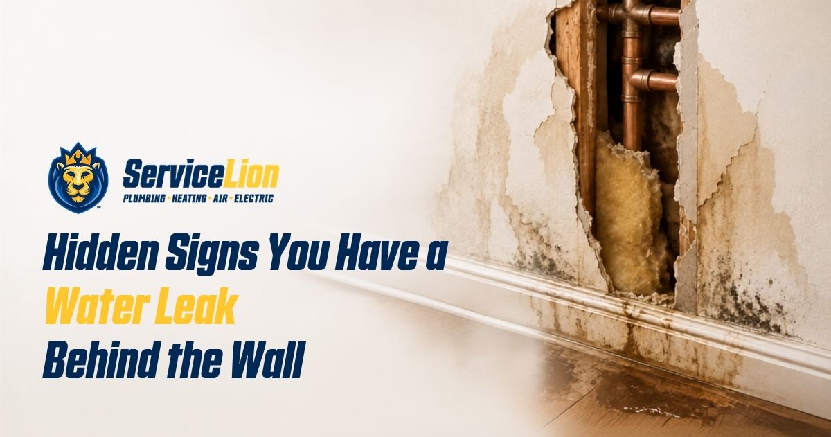 Damaged wall with visible pipes and water stains, next to Service Lion logo and text about hidden signs of water leaks behind walls.