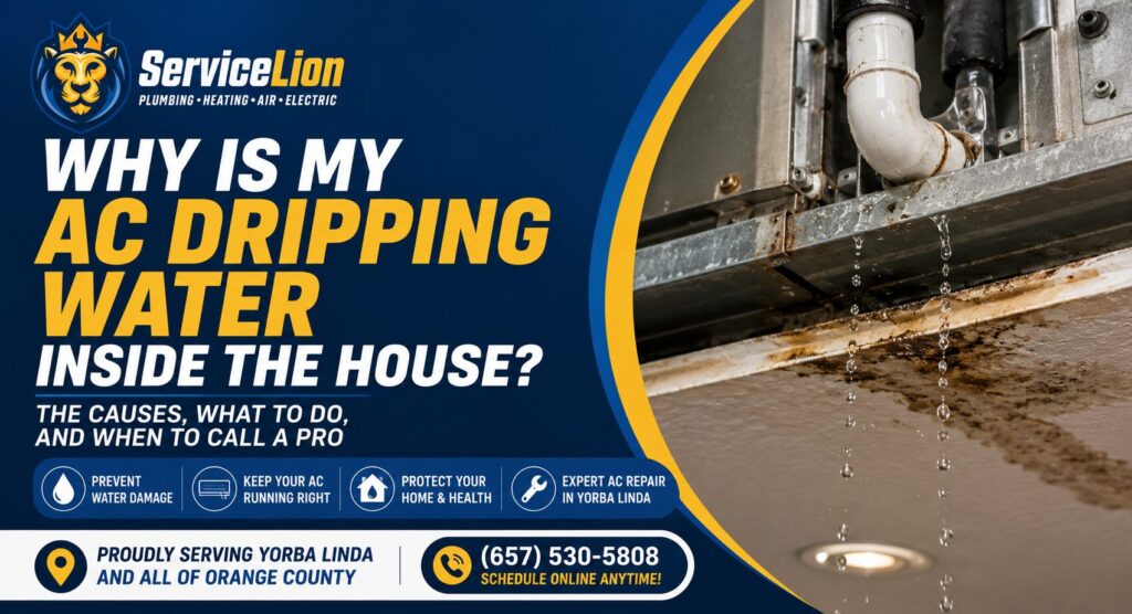A leaking AC pipe drips water onto a ceiling. Text explains reasons for indoor AC leaks, such as an air conditioner water problem or AC dripping water, and offers local repair services, with contact information and service area highlighted.