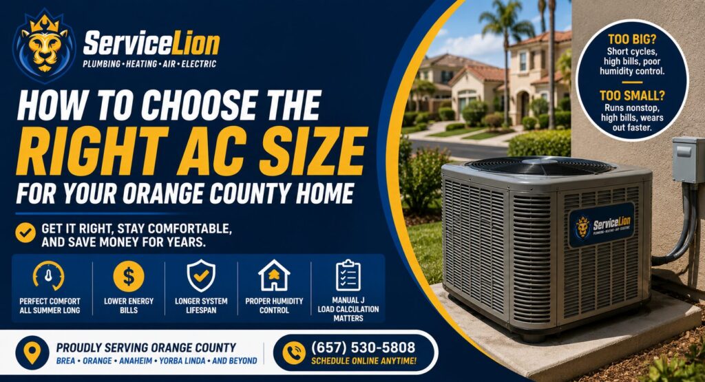 Infographic on selecting the appropriate AC size for your Orange County home, featuring an outdoor AC unit, tips on how to choose the right system, and Service Lion contact details.
