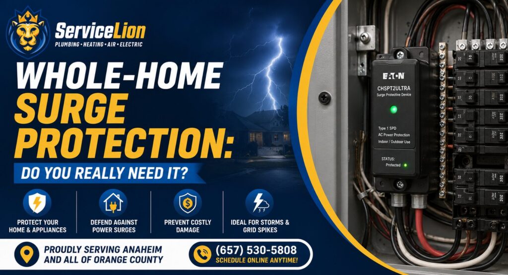 A surge protector is installed in an electrical panel, promoting whole-home surge protection services and emphasizing home electrical safety. Contact Service Lion in Anaheim for professional surge protection solutions—call today!.