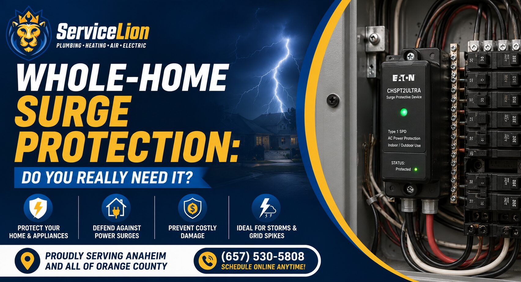 A surge protector is installed in an electrical panel, promoting whole-home surge protection services and emphasizing home electrical safety. Contact Service Lion in Anaheim for professional surge protection solutions—call today!.