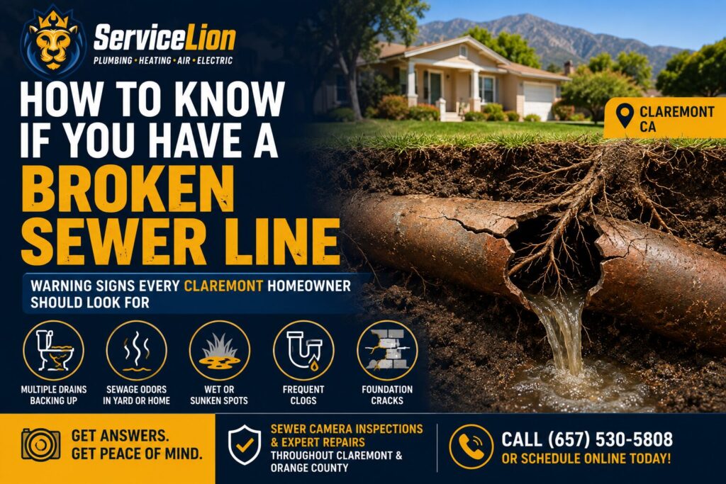 A burst sewer line is shown with muddy water flowing, alongside icons and text listing common sewer line symptoms and signs of a broken sewer line, plus ServiceLion contact details for prompt sewer line repair.