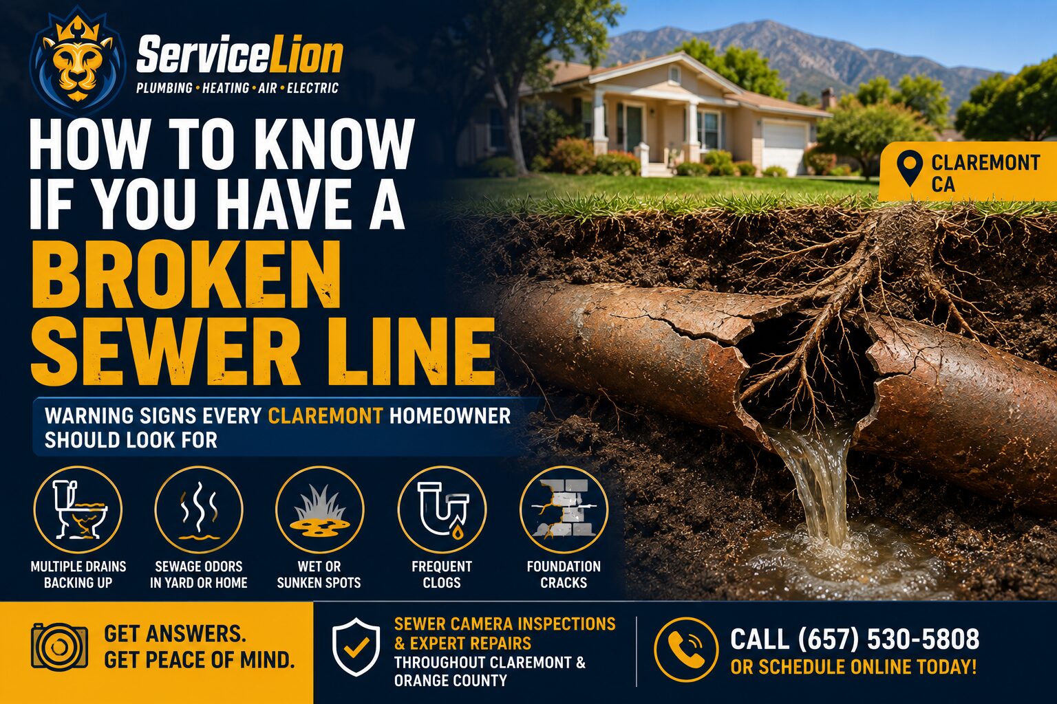 A burst sewer line is shown with muddy water flowing, alongside icons and text listing common sewer line symptoms and signs of a broken sewer line, plus ServiceLion contact details for prompt sewer line repair.