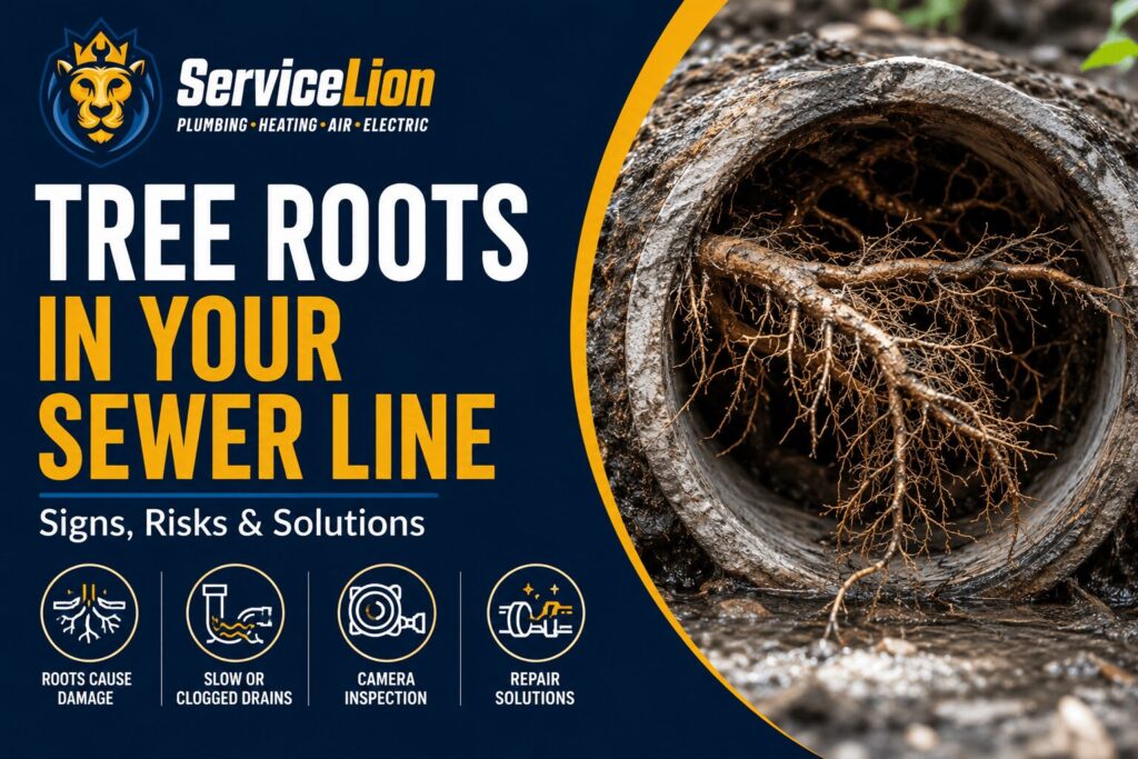 A section of sewer pipe filled with tree roots, shown next to infographics about common sewer line problems and ServiceLion plumbing services such as sewer line repair and tree root removal.