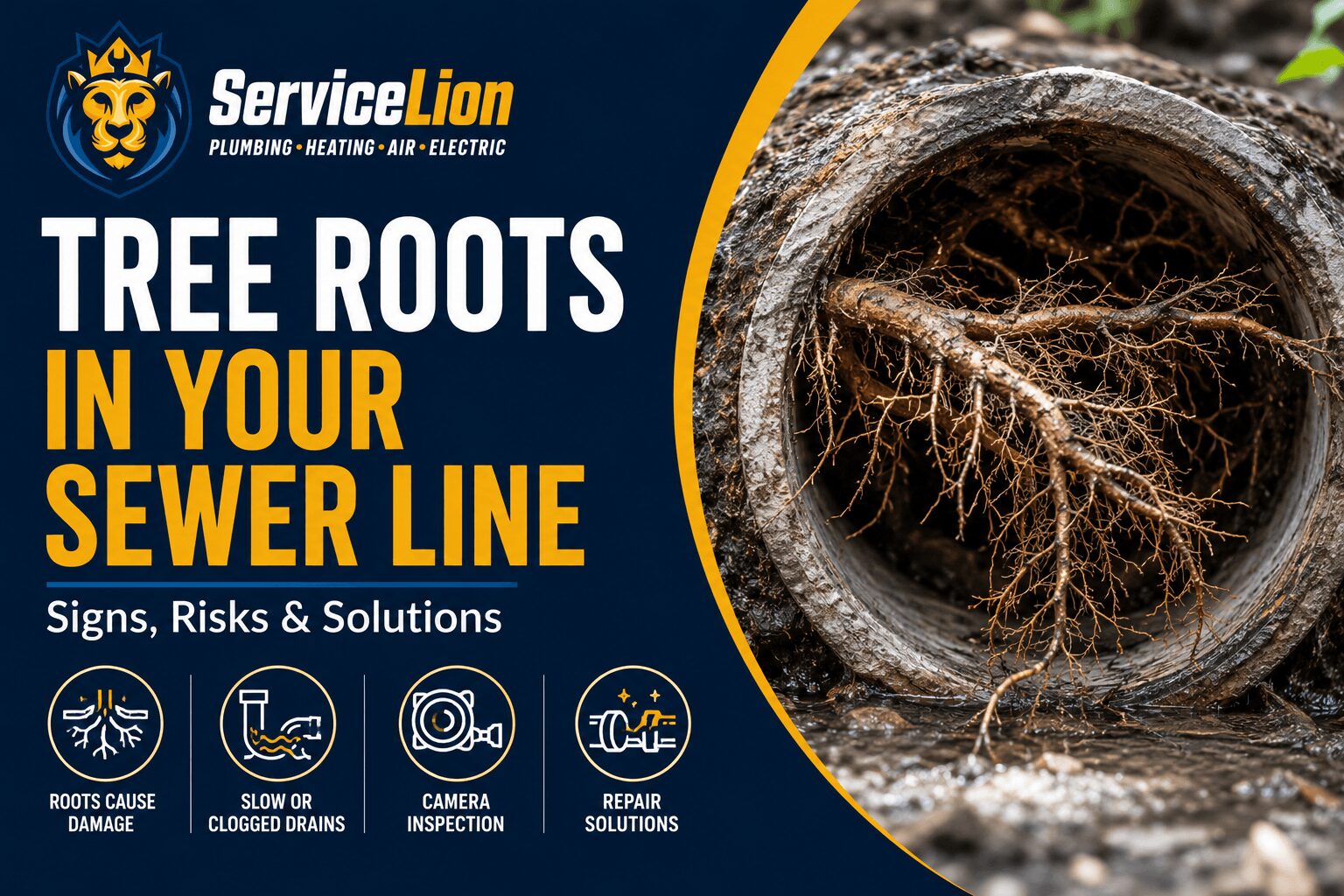 A section of sewer pipe filled with tree roots, shown next to infographics about common sewer line problems and ServiceLion plumbing services such as sewer line repair and tree root removal.