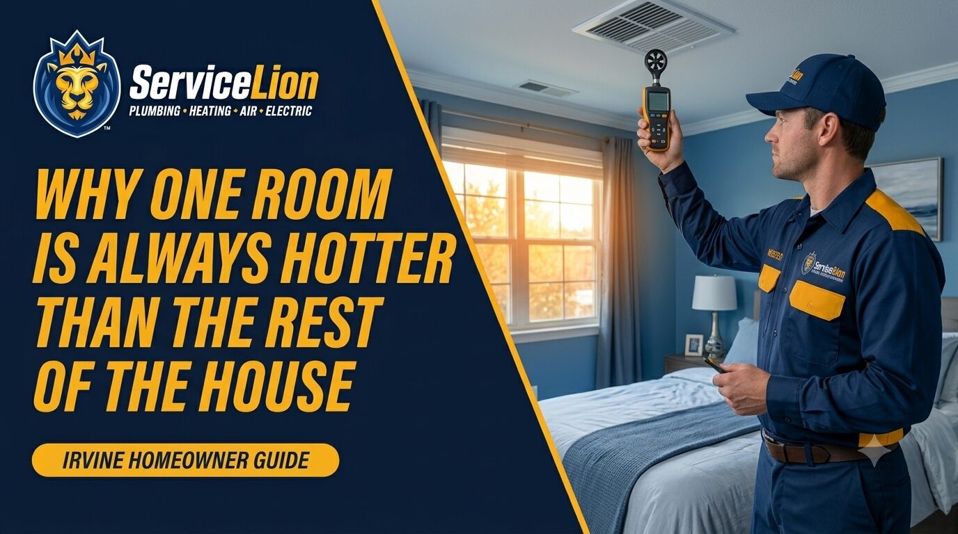 A technician in uniform uses a temperature measuring device in a bedroom, investigating uneven cooling and hot room issues. Text reads: "Why one room is always hotter than the rest of the house. Irvine homeowner guide.