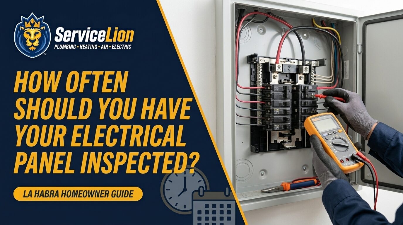 A person uses a multimeter to inspect wires inside an electrical panel, highlighting the importance of regular electrical panel inspection for homeowners. Text asks about the recommended frequency of electrical panel inspections to ensure ongoing electrical safety. ServiceLion branding is visible.