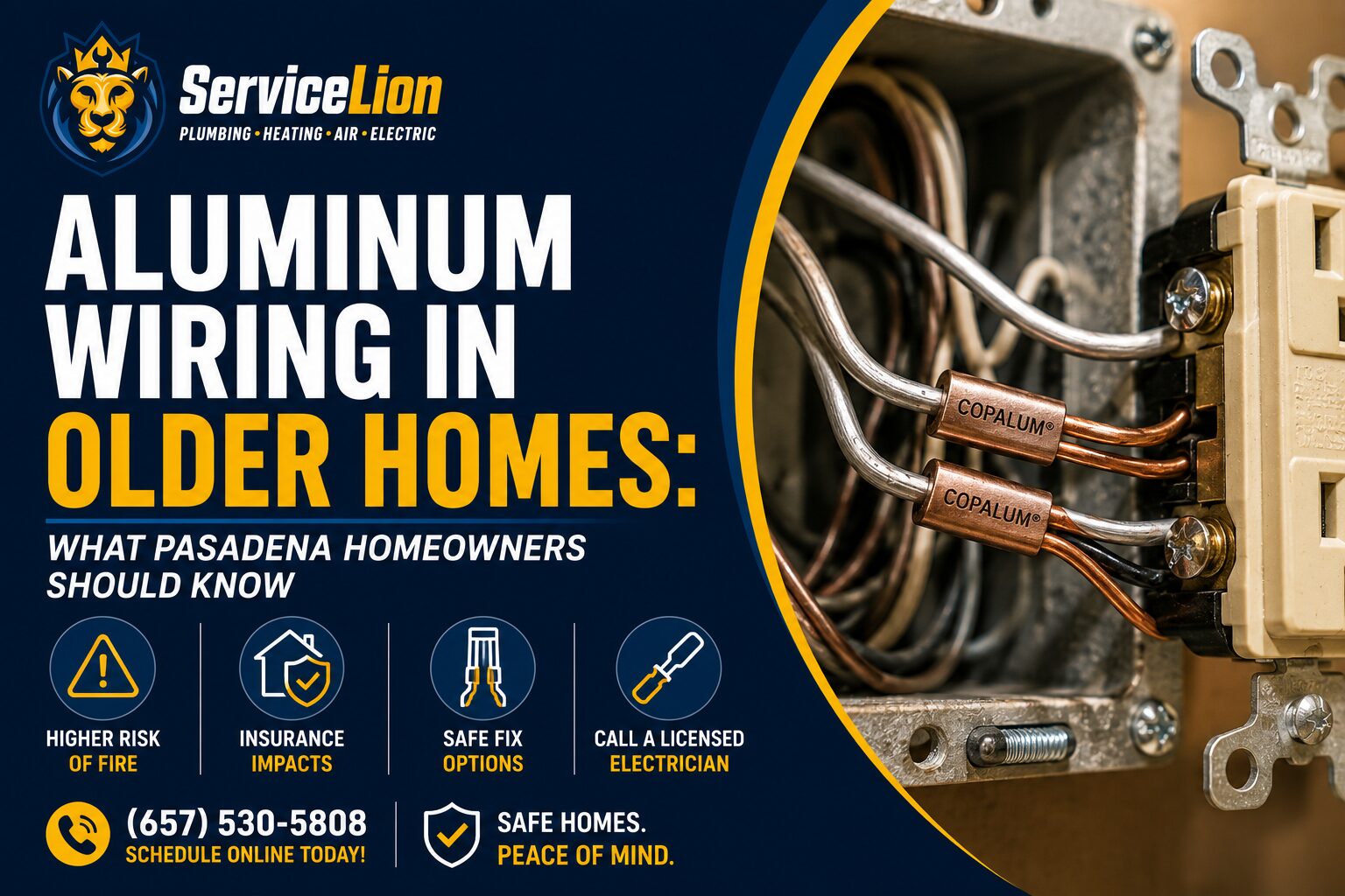 Electrical outlet with aluminum wiring exposed, labeled with safety concerns specifically for Pasadena homeowners. Contact ServiceLion, the trusted plumbing and electric service specializing in older homes in Pasadena.