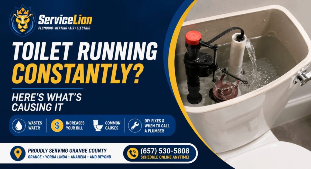 Open toilet tank with water running and plumbing parts visible, alongside Service Lion advertisement about causes and fixes for a constantly running toilet.