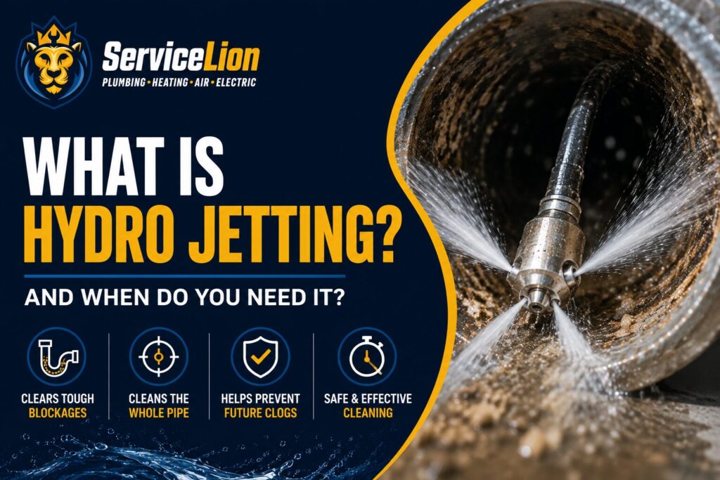 A pipe interior being cleaned by a high-pressure water jet, with text highlighting the benefits and uses of hydro jetting for effective drain cleaning and plumbing maintenance.