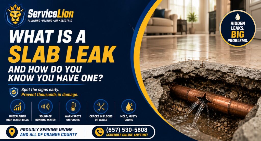 A damaged concrete floor reveals a leaking copper pipe—one of the key signs of slab leak issues. The text explains common signs of slab leaks and emphasizes the importance of timely slab leak detection. Plumbing services are offered, complete with contact information and a warning about hidden leaks that could cause further damage if left unchecked.