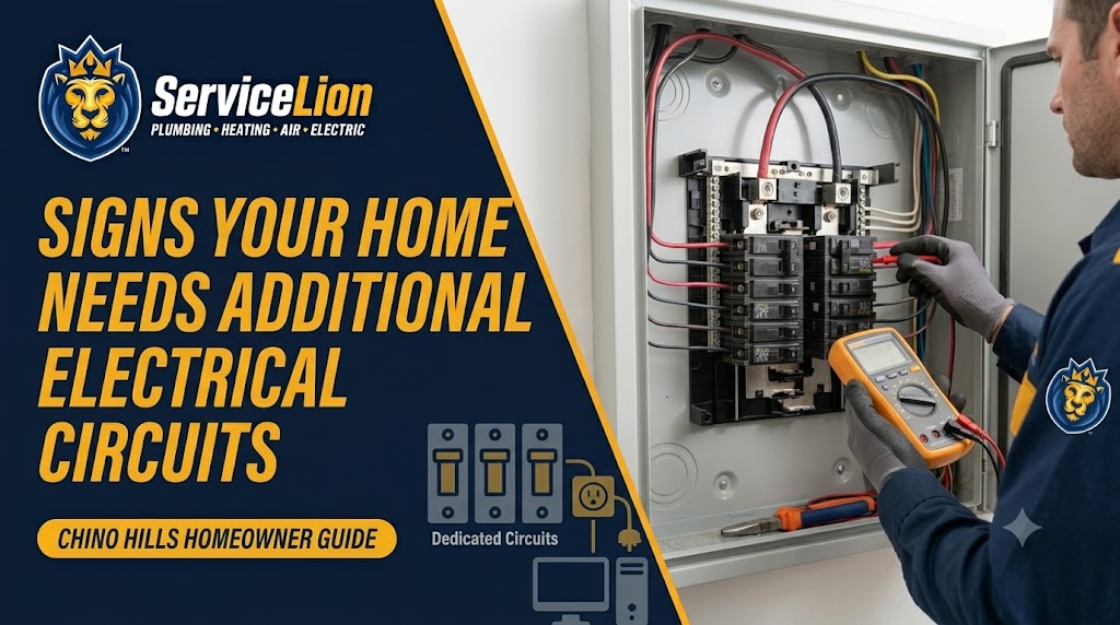 An electrician tests wires in an electrical panel, checking for issues with your home electrical system. Text reads: “Signs your home needs additional circuits. Chino Hills homeowner guide.” ServiceLion branding is visible.