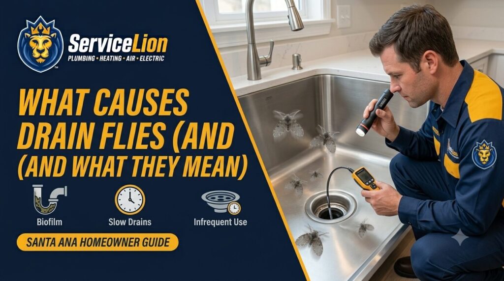 A plumber examines a kitchen sink with a flashlight and device; graphics list causes of drain flies—such as biofilm, slow drains, and infrequent use—to help homeowners understand common drain fly problems. Text: Santa Ana Homeowner Guide.