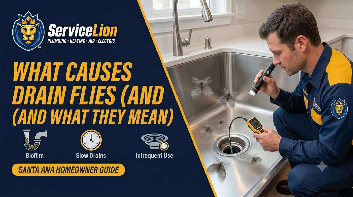 A plumber examines a kitchen sink with a flashlight and device; graphics list causes of drain flies—such as biofilm, slow drains, and infrequent use—to help homeowners understand common drain fly problems. Text: Santa Ana Homeowner Guide.