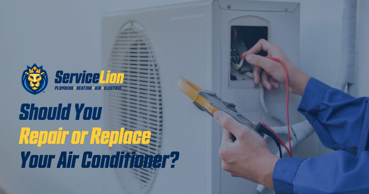 A technician uses specialized tools to check an outdoor air conditioner unit, featuring Service Lion branding and informative text about how to repair air conditioner systems or when it may be time to replace air conditioner equipment.
