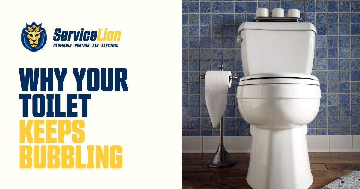 A white toilet in a bathroom with blue tile walls and a wooden floor; text reads, “Why your toilet keeps bubbling—common plumbing issues explained.”.