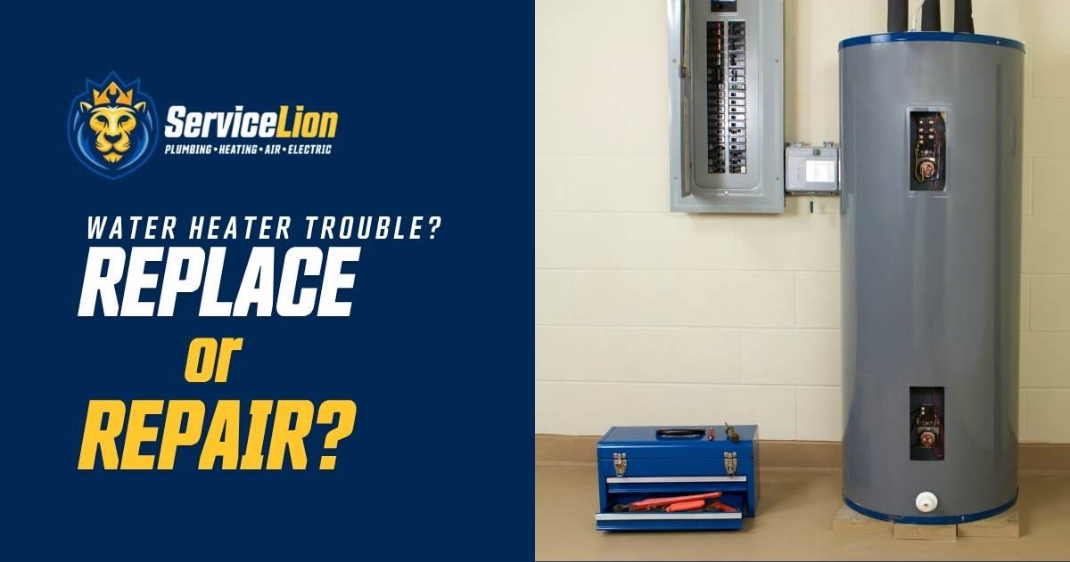 A water heater stands next to a toolbox and an electrical panel, with text asking whether to replace or repair a faulty water heater from ServiceLion. Wondering when to replace water heater or opt for professional water heater repair? ServiceLion can help guide your decision.