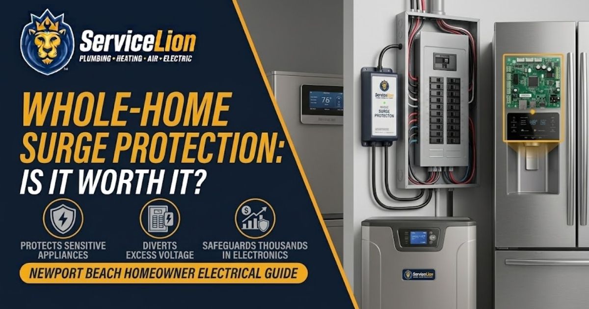 Infographic about whole-home surge protection, showing appliances, an electrical panel, and key benefits such as protecting devices and diverting excess voltage with comprehensive surge protection for your entire home.