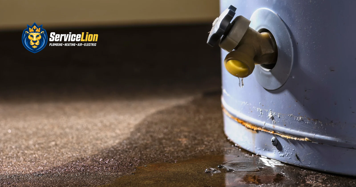 A water heater leaking onto the floor from a valve, with water pooling near the water heater bottom, and the Service Lion Plumbing, Heating & Air Conditioning logo in the corner.