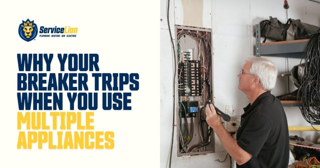 An electrician inspects a residential breaker panel with an open cover; text explains how breaker trips can occur when using multiple appliances, highlighting the importance of electrical safety.