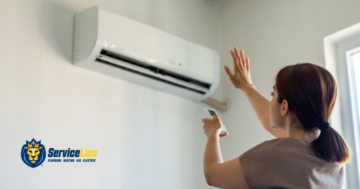 A woman points a remote at a wall-mounted air conditioner, possibly dealing with AC blowing warm air. The Service Lion logo is visible in the lower left corner.