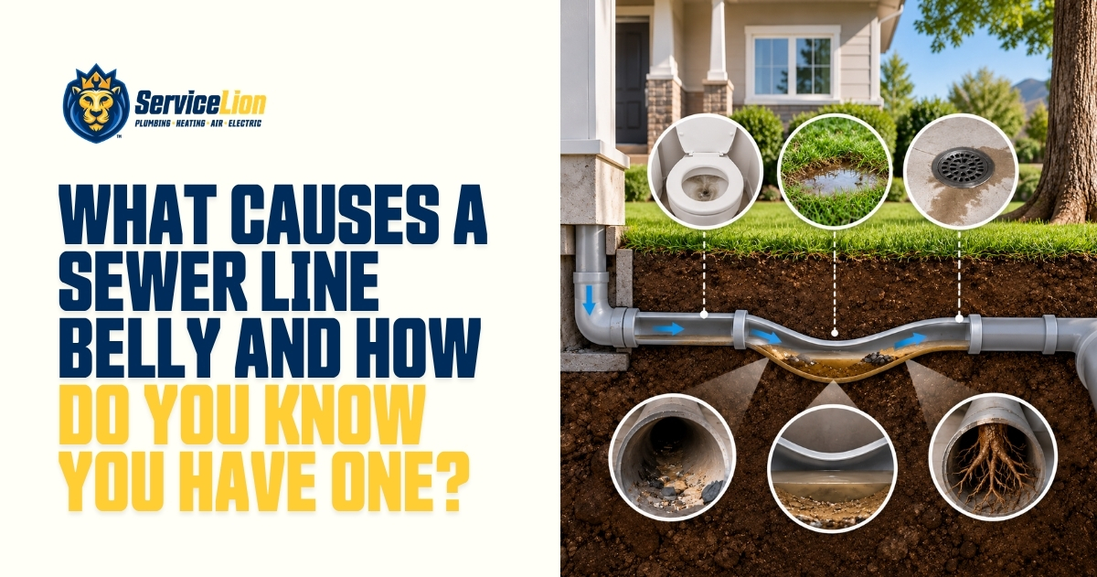 Cross-section diagram shows sewer pipe under a house with dips and blockages, highlighting common sewer line problems; text asks about the causes of sewer line belly and how to detect a sewer line belly in your home.