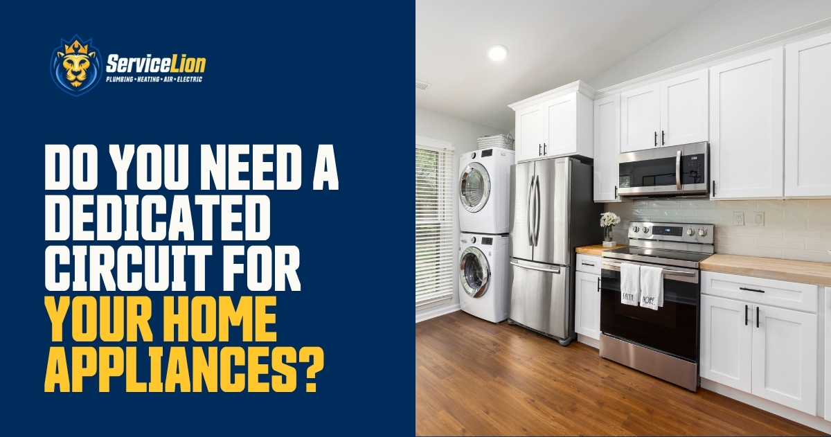 A modern kitchen with stainless steel appliances and a stacked washer and dryer next to white cabinets highlights the importance of proper electrical wiring; the ServiceLion logo and text emphasize the need for a dedicated circuit to safely power essential home appliances.