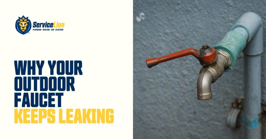 A metal outdoor faucet with a red handle is attached to a blue pipe and is leaking water. Text reads: “Why your outdoor faucet keeps leaking.” This common issue in outdoor plumbing can lead to water waste and potential damage if left unaddressed.